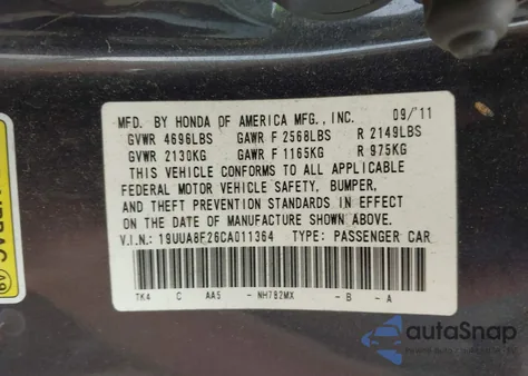2012 Acura Tl 3.5 from USA, damaged, VIN 19UUA8F26CA011364